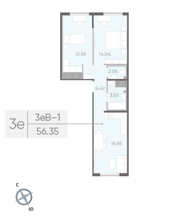 Двухкомнатная квартира 56.35 м²