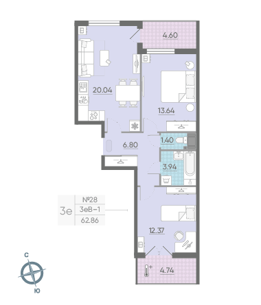 Двухкомнатная квартира 62.86 м²