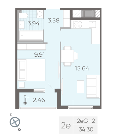 Однокомнатная квартира 34.3 м²