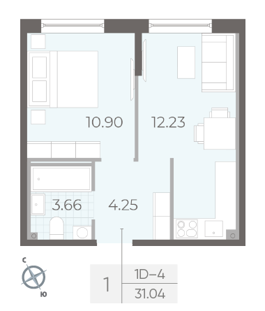Однокомнатная квартира 31.04 м²