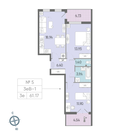 Двухкомнатная квартира 61.17 м²