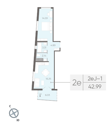 Однокомнатная квартира 42.99 м²