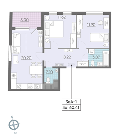 Двухкомнатная квартира 60.41 м²