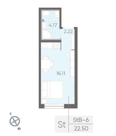 Студия 22.5 м²