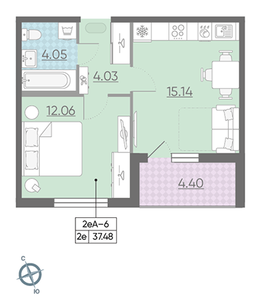 Однокомнатная квартира 37.48 м²