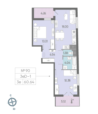 Двухкомнатная квартира 60.64 м²
