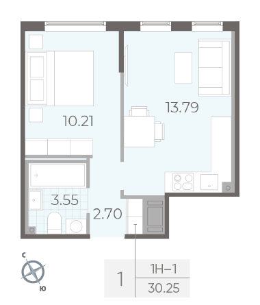 Однокомнатная квартира 30.25 м²