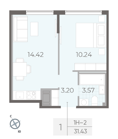 Однокомнатная квартира 31.43 м²