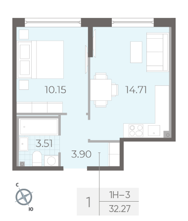 Однокомнатная квартира 32.27 м²