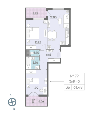 Двухкомнатная квартира 61.48 м²