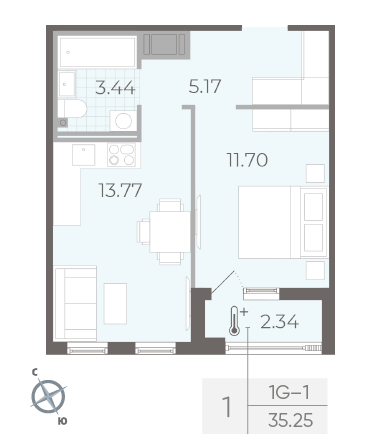 Однокомнатная квартира 35.25 м²