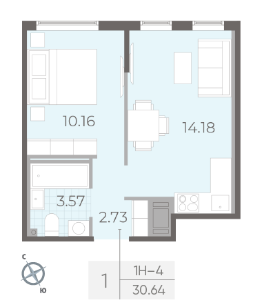 Однокомнатная квартира 30.64 м²
