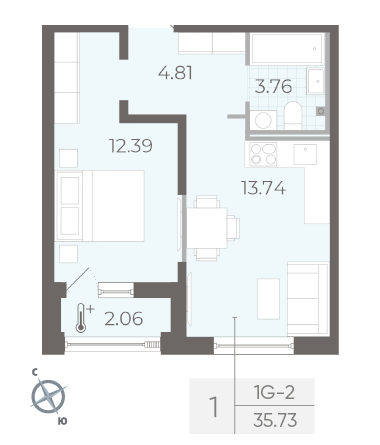 Однокомнатная квартира 35.73 м²