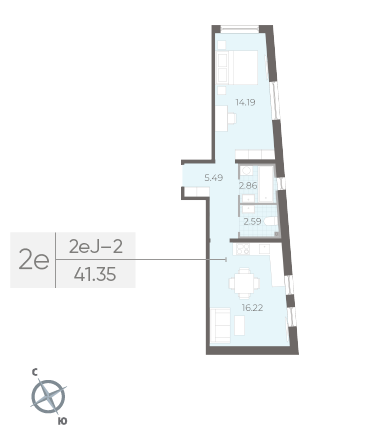 Однокомнатная квартира 41.35 м²