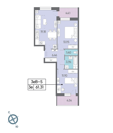 Двухкомнатная квартира 61.31 м²