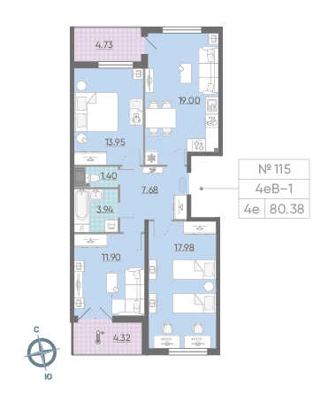 Трёхкомнатная квартира 80.38 м²