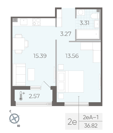 Однокомнатная квартира 36.82 м²