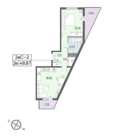 Однокомнатная квартира 48.87 м²