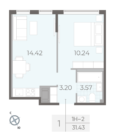 Однокомнатная квартира 31.43 м²