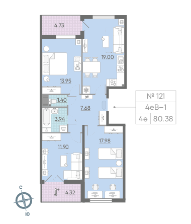 Трёхкомнатная квартира 80.38 м²