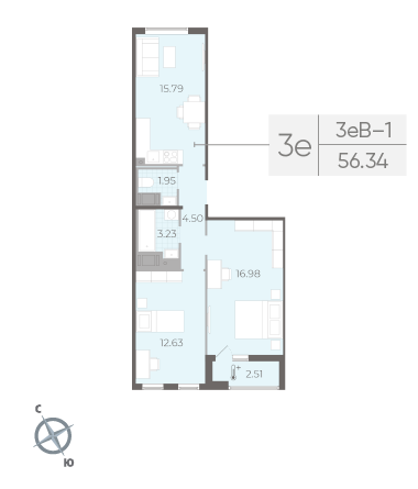 Двухкомнатная квартира 56.34 м²