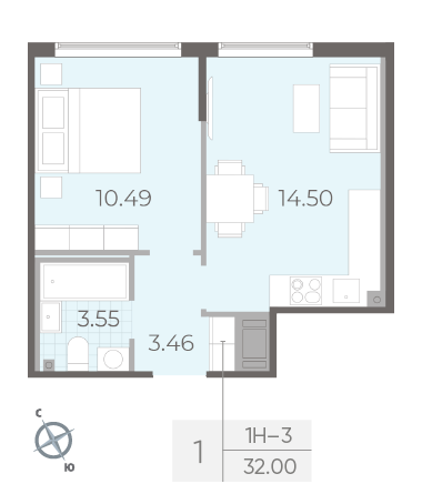 Однокомнатная квартира 32 м²