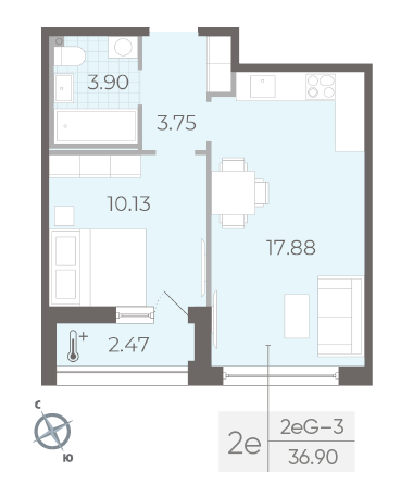 Однокомнатная квартира 36.9 м²