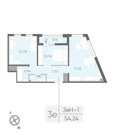 Двухкомнатная квартира 54.24 м²