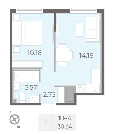 Однокомнатная квартира 30.64 м²