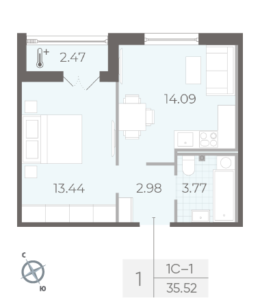 Однокомнатная квартира 35.52 м²