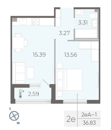 Однокомнатная квартира 36.83 м²