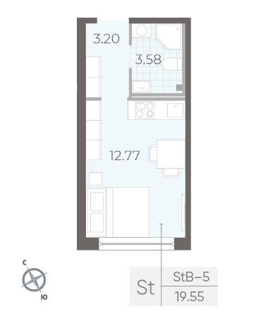 Студия 19.55 м²