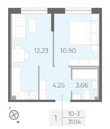 Однокомнатная квартира 31.04 м²