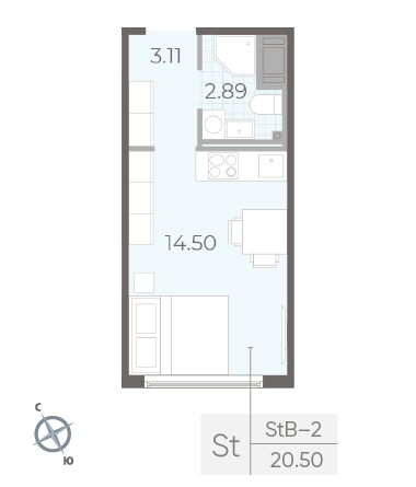 Студия 20.5 м²