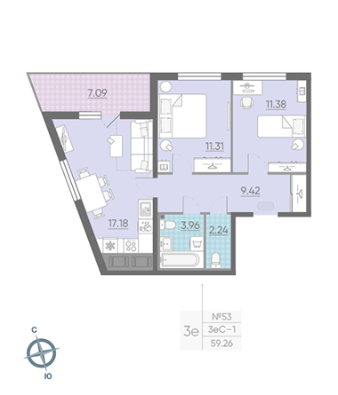 Двухкомнатная квартира 59.26 м²