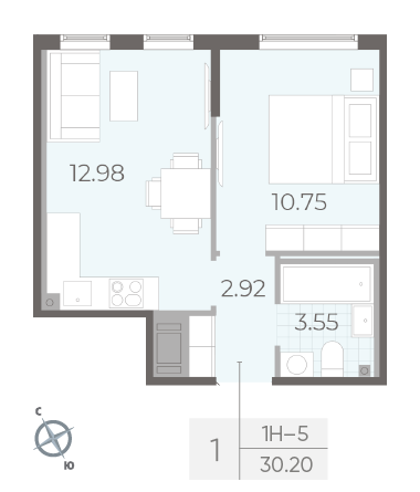 Однокомнатная квартира 30.2 м²