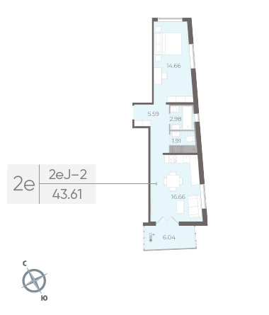 Однокомнатная квартира 43.61 м²
