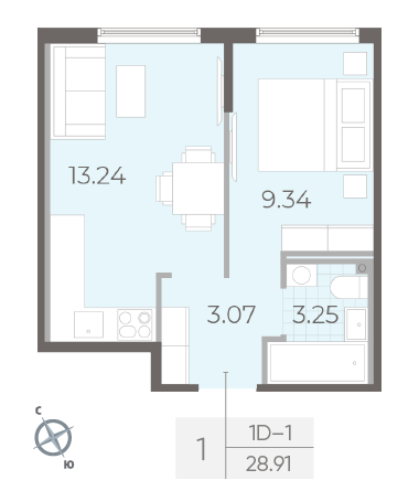 Однокомнатная квартира 28.91 м²