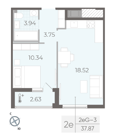 Однокомнатная квартира 37.87 м²