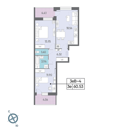 Двухкомнатная квартира 60.53 м²