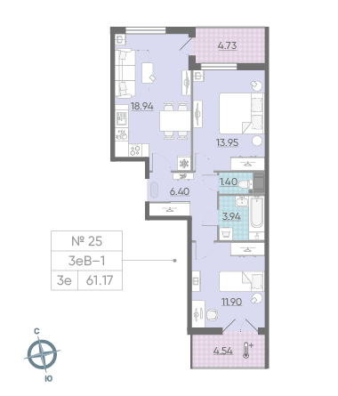 Двухкомнатная квартира 61.17 м²