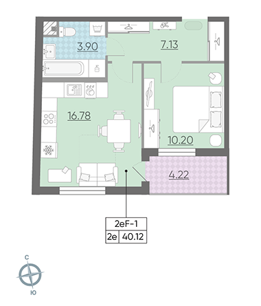 Однокомнатная квартира 40.12 м²
