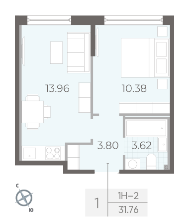 Однокомнатная квартира 31.76 м²