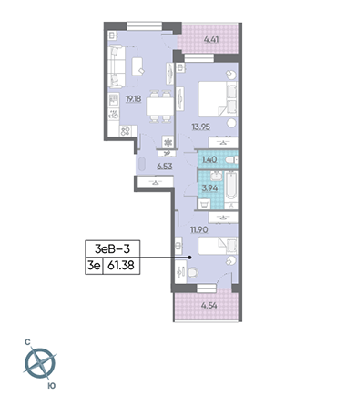Двухкомнатная квартира 61.38 м²