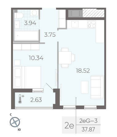 Однокомнатная квартира 37.87 м²