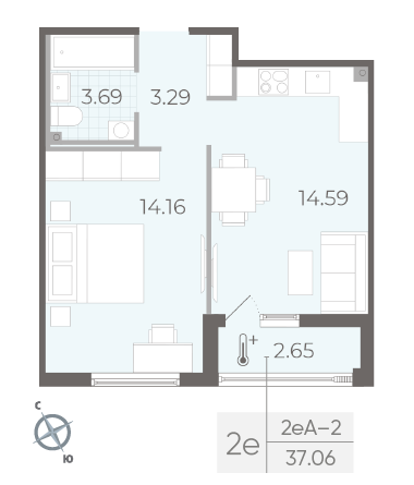 Однокомнатная квартира 37.06 м²