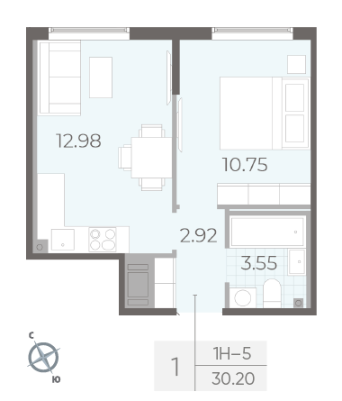Однокомнатная квартира 30.2 м²