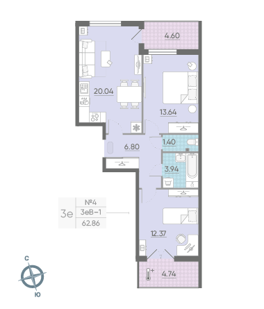 Двухкомнатная квартира 62.86 м²