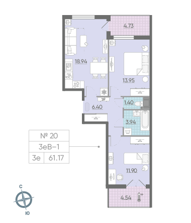 Двухкомнатная квартира 61.17 м²