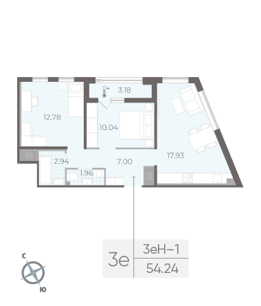 Двухкомнатная квартира 54.24 м²